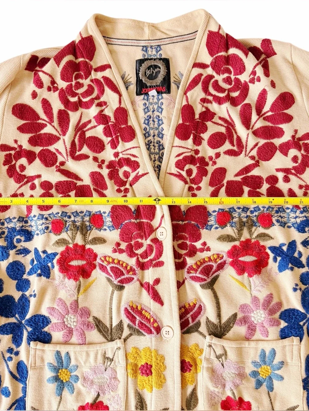 Johnny Was BIYA Embroidered Cardigan Coat Boho Floral Jacket Beige Multicolor XL - Picture 10 of 14
